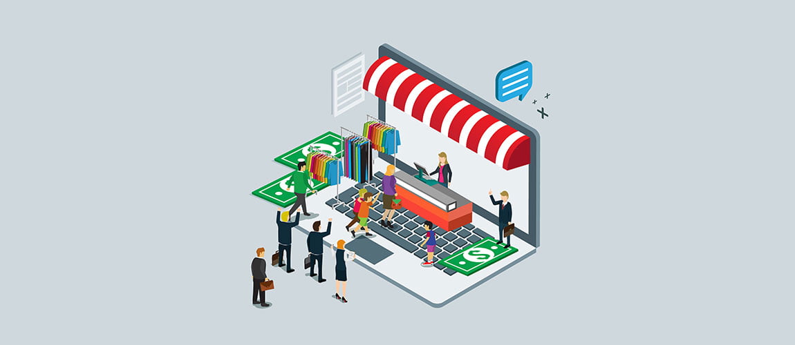 Dijital mağaza üzerinden alışveriş yapan kullanıcılar ve e-ticaret dönüşümleri illüstrasyonu
