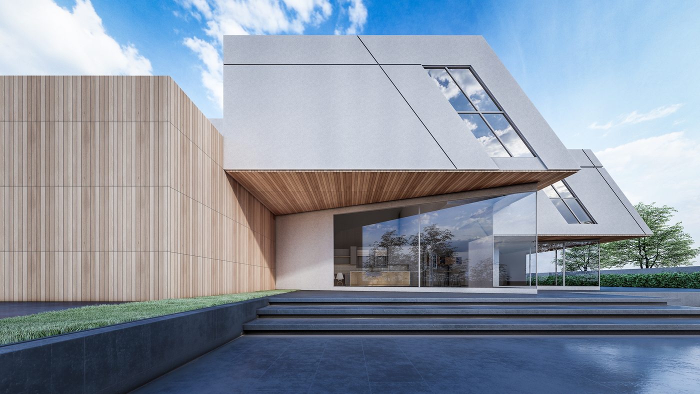 Ahşap ve açık renkli cephe kaplamalarıyla modern yapının dış cephe renderı